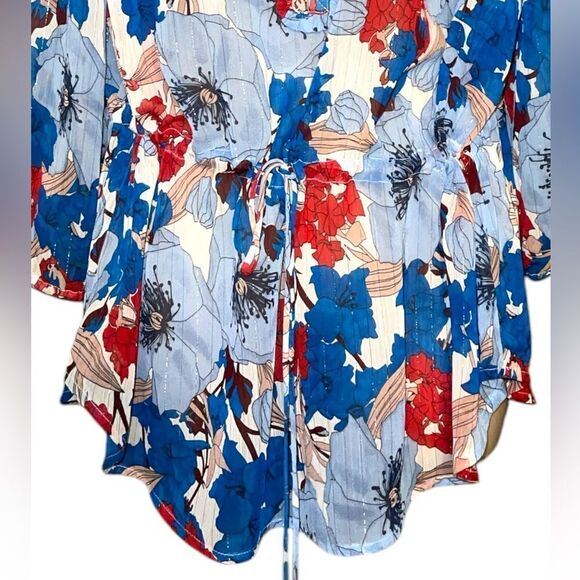 Liz Claiborne Boho Blue Floral Print Top Blouse Size L Glitter String Tie Front - Picture 4 of 7